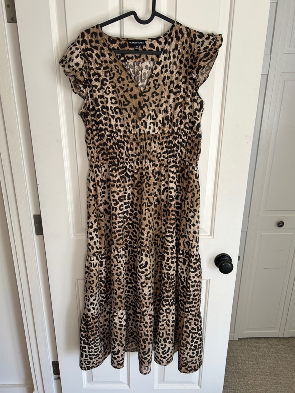 Modern Works Women's Leopard Print V-Neck Midi Dress - Tan/Black - medium